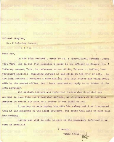 BUT 023. Letter from Goldsbrough to Colonel Staples, No.2 Infantry Record 4 January 1918. Clarification on army position, wages. Page one of one. Duplicate. 