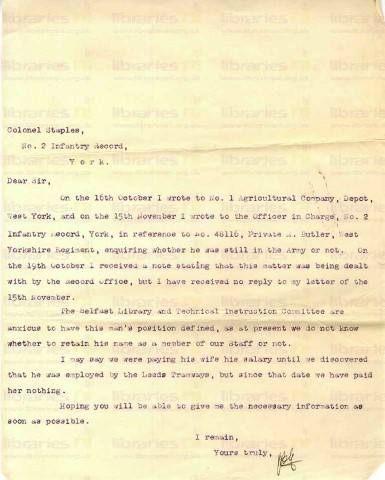 BUT 023. Letter from Goldsbrough to Colonel Staples, No.2 Infantry Record 4 January 1918. Clarification on army position, wages. Page one of one. Duplicate. 