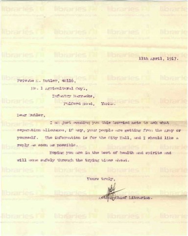 BUT 005. Letter from Goldsbrough to Butler 11 April 1917. Separation allowance. Page one of one. 