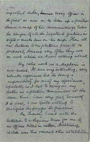COU 006. Letter from Coulson to Elliott 6 November 1914. Dublin. Inoculations, injured heel, officer training, mass for officer killed in action. Page three of four. 