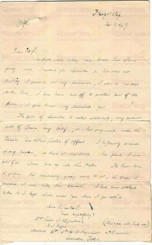 McC 013. Letter from McCausland to Goldsbrough 20 September 1917. Troop Ship. Salonica, weather. Page one of two. 