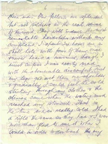 COU 031. Letter from Coulson to Elliott 27 February 1916. France. Gas advisor, snow, newspaper reporting, McCausland, officers and their men, trenches. Page six of eight. 