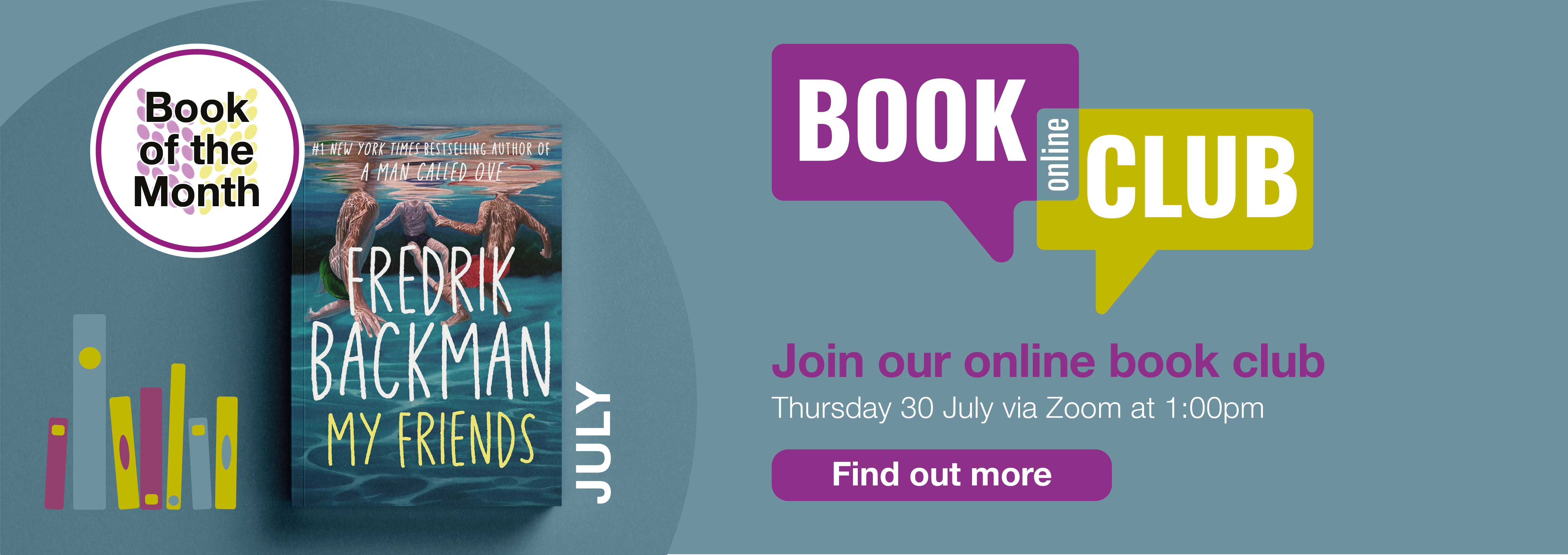 Home page banner showing Libraries NI Online Book Club takes place on Thursday 30 July. Find out more