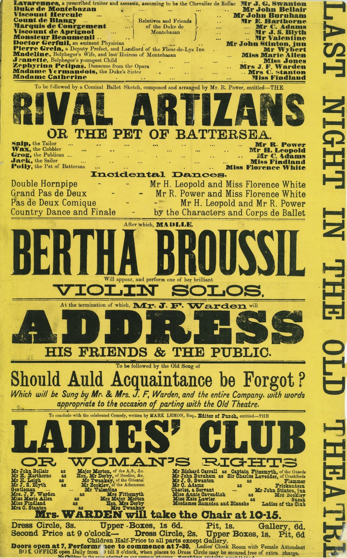 A poster which features the final performances in the Old Theatre before it was demolished in March 1871