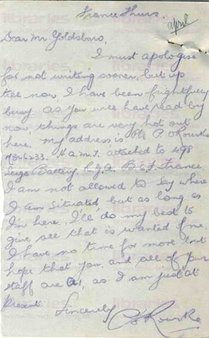 ORO007. Letter from O'Rourke to Goldsbrough 1 April 1918. France. Apologies for not writing sooner, address. Page one of one.