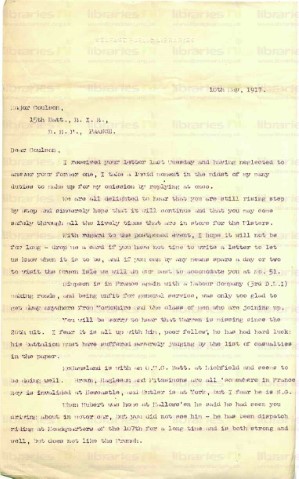 COU 040. Letter from Goldsbrough to Coulson 10 May 1917. Other staff at war, Goldsbrough's nephew Hubert, library matters. Page one of two. 