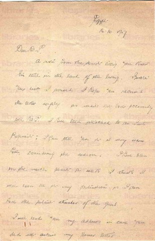 McC 014. Letter from McCausland to Goldsbrough 16 October 1917. Egypt. With Irish Regiment, weather. Page one of two. 