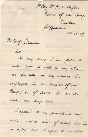 McC 024. Letter from McCausland to Goldsbrough 15 April 1919. Brocton, Staffordshire. Demobilisation, disability pension, poor health. Page one of two. 