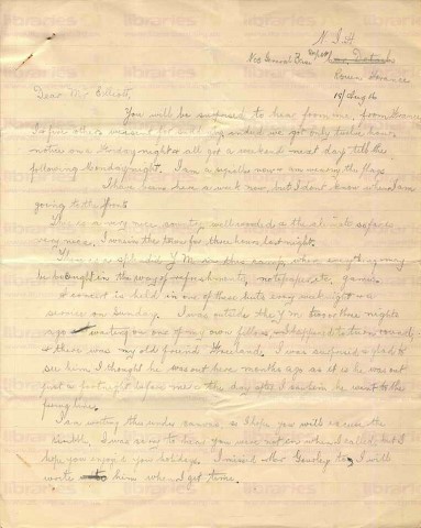 BRO 002. Letter from Brown to Elliott 17 November 1915. Rouen, France. Signaller, camp, meets Freeland. Page one of two. 