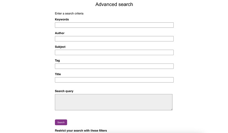 Advanced search screen on Catalogue