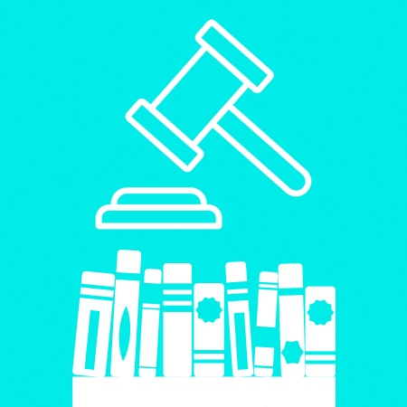 Icon of a judge's hammer and a shelf full of books