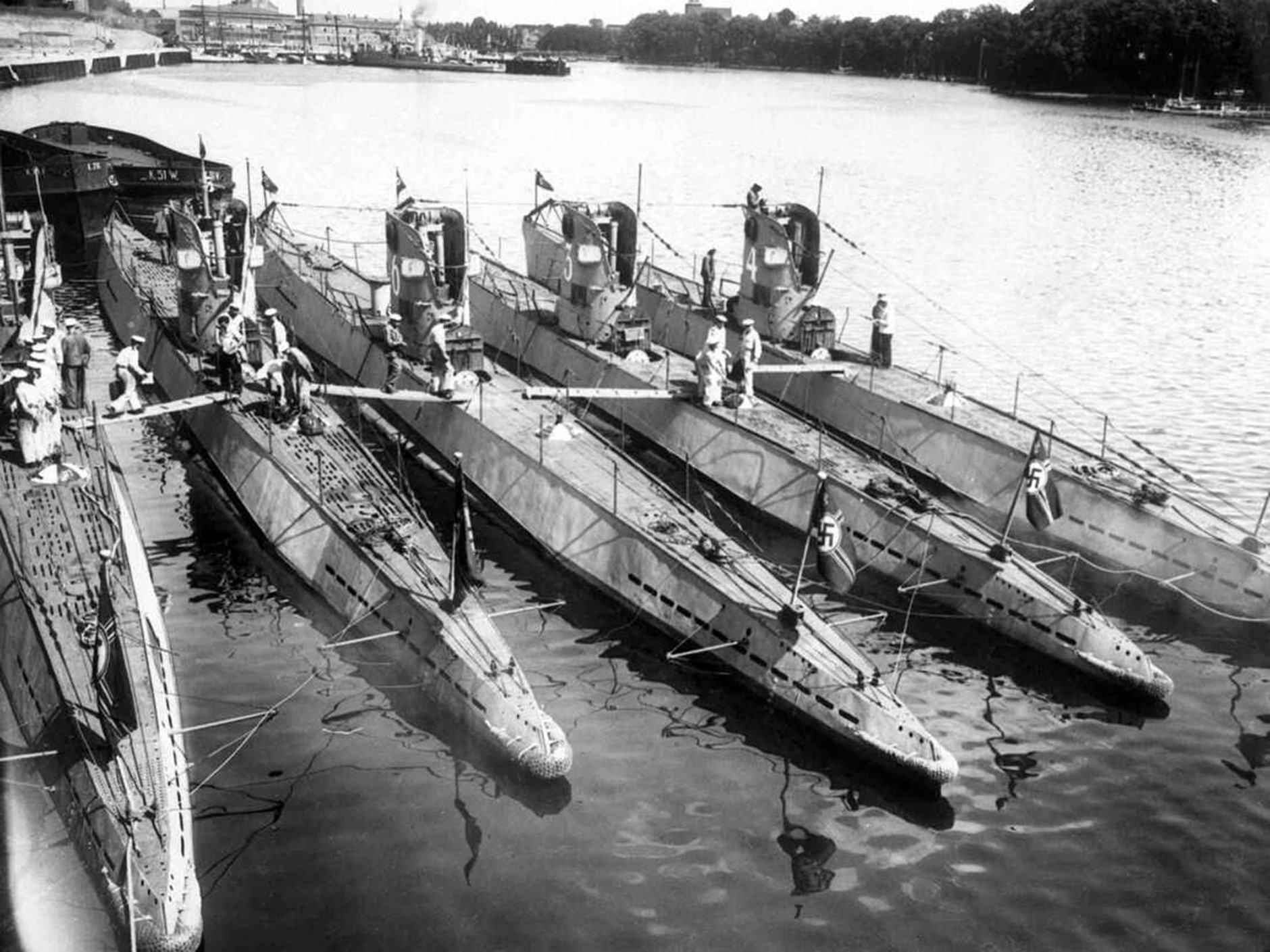 A black and white photograph of some U Boats