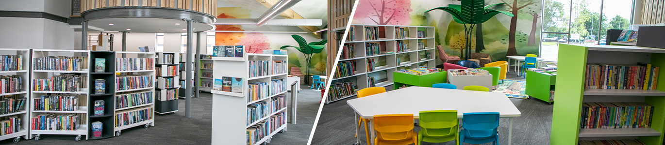 A collage of two photos of Ballymoney Library's new-look interior