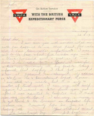 EAG 015. Letter from Eagleson to Goldsbrough 28 August 1917. France. Sick with blood poisoning and enteric fever. Page one of one. 