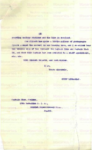 COU 036. Letter from Elliott to Coulson 29 June 1916. Miss Corr, Library staff at war, Elliott's son Terence R.I.R. Page two of two. 