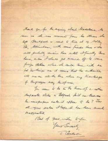 COU 050. Letter from Coulson to Goldsbrough 4 February 1919. France. Staying to complete work, going to Germany, Belfast strikes. Page two of two. 