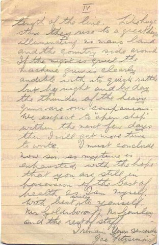 FIT 013. Letter from Fitzsimons to Elliott 13 October 1916. France. Casualty clearing station, roads, French countryside, star shells. Page four of four. 