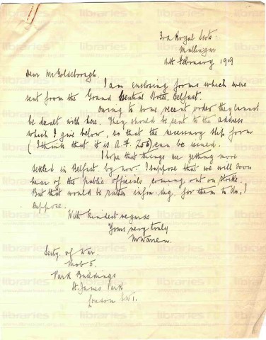 WAR 009. Letter from Warren to Goldsbrough 16 February 1919. Mullingar. Forms. Page one of one. 