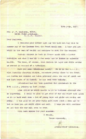 EAG 013. Letter from Goldsbrough to Eagleson 10 July 1917. Other staff at war, library matters. Page one of one. 