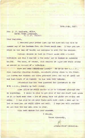 EAG 013. Letter from Goldsbrough to Eagleson 10 July 1917. Other staff at war, library matters. Page one of one. 