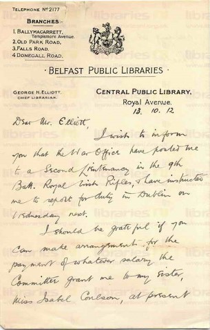 COU 001. Letter from Coulson to Elliott, Chief Librarian 13 October 1914. Belfast. Posted to Royal Irish Rifles. Page one of two. 