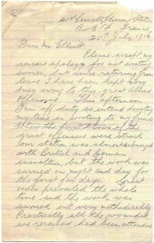 FIT 011. Letter from Fitzsimons to Elliott 25 July 1916. France. 'Great offensive' casualties, Ulster Division, Robert Rainey. Page one of four. 
