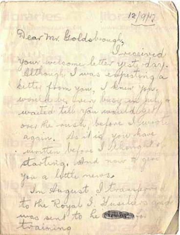 BRO 010. Letter from Brown to Goldsbrough 12 September 1917. Transferred to Royal Irish Fusiliers, infantry, other staff at war. Page one of three.
