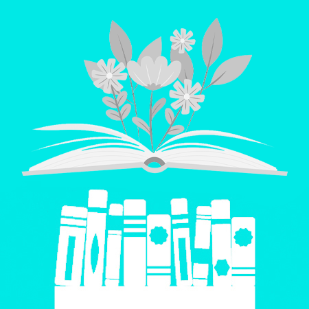 Flowers growing and books