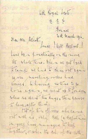 WAR 005. Letter from Warren to Elliott 20 March 1916. France. 16th Royal Scots, Sir George McCrae, officer receives military cross, meets Simpson. Page one of four. 