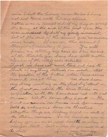 FIT 022. Letter from Fitzsimons to Goldsbrough 14 November 1917. France. Home, career after the war, wages, war effort. Page two of two. 