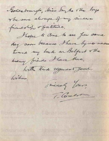 COU 053. Letter from Coulson to Goldsbrough 5 May 1919. Army of the Rhine. Resignation, intelligence work, best wishes. Page four of four.