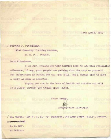 FIT 017. Letter from Goldsbrough to Fitzsimons 11 April 1917. Separation allowance. Page one of one. 