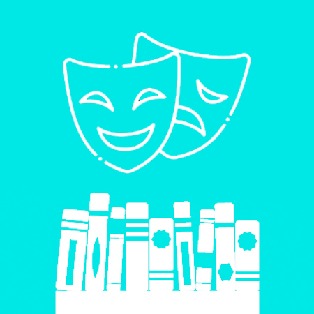 Icons of a happy mask, a sad mask and a row of books