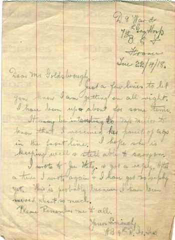BRO 012. Letter from Brown to Goldsbrough 22 April 1918. France. In hospital recovering from injuries, Miss Miller. Page one of one. 