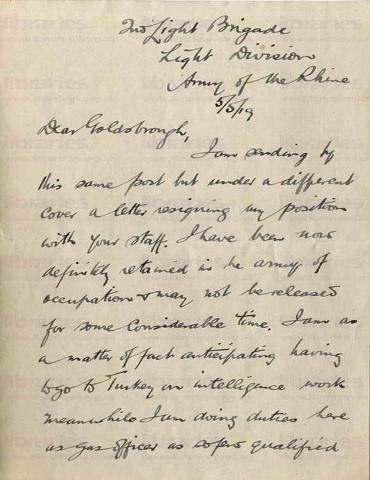 COU 053. Letter from Coulson to Goldsbrough 5 May 1919. Army of the Rhine. Resignation, intelligence work, best wishes. Page one of four.