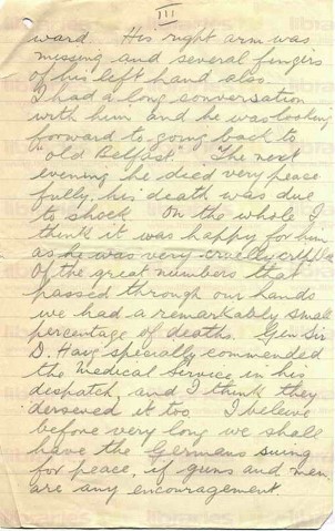 FIT 011. Letter from Fitzsimons to Elliott 25 July 1916. France. 'Great offensive' casualties, Ulster Division, Robert Rainey. Page three of four. 