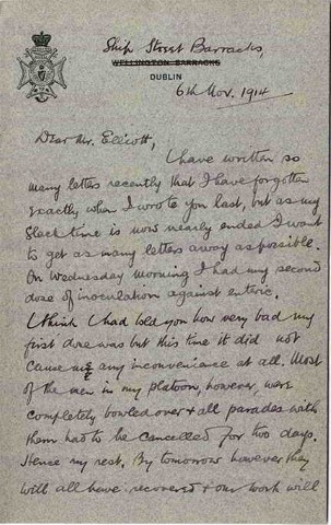 COU 006. Letter from Coulson to Elliott 6 November 1914. Dublin. Inoculations, injured heel, officer training, mass for officer killed in action. Page one of four. 