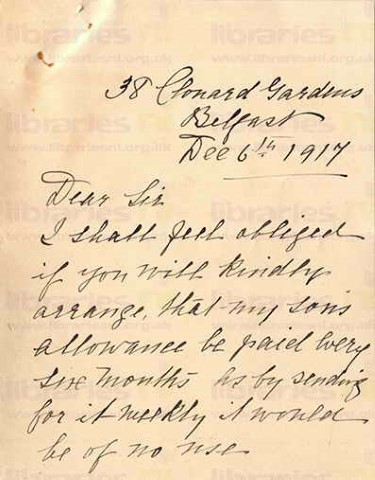 ORO006. Letter from Margaret O'Rourke to Goldsbrough 6 December 1917. Allowance. Page one of two. 