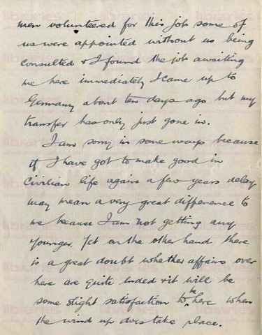 COU 053. Letter from Coulson to Goldsbrough 5 May 1919. Army of the Rhine. Resignation, intelligence work, best wishes. Page two of four.