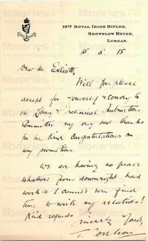 COU 016. Letter from Coulson to Elliott 15 May 1915. Lurgan. Thanks for congratulations. Page one of one. 