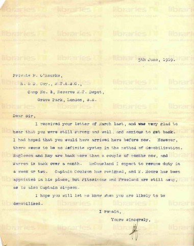 ORO 016. Letter from Goldsbrough to O'Rourke 5 June 1919. Demobilisation, other staff at war and home. Page one of one. 