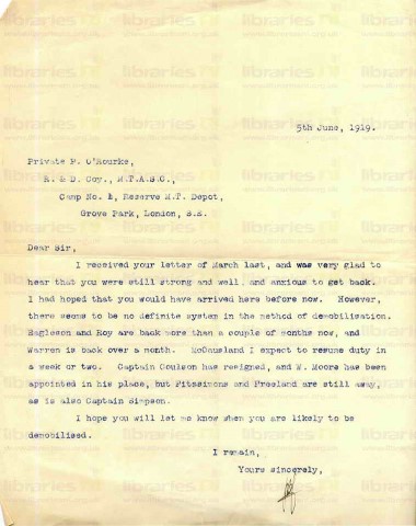 ORO 016. Letter from Goldsbrough to O'Rourke 5 June 1919. Demobilisation, other staff at war and home. Page one of one. 