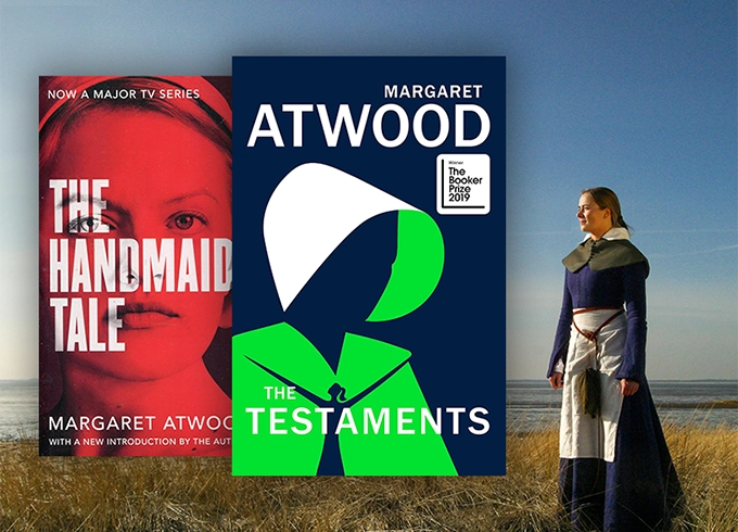 Feature tile showing Margaret Atwood book titles, The Handmaid's Tale and The Testaments