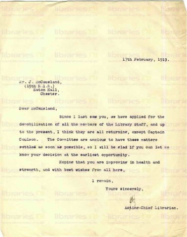 McC 023. Letter from Goldsbrough to McCausland 17 February 1919. Demobilisation. Page one of one. 
