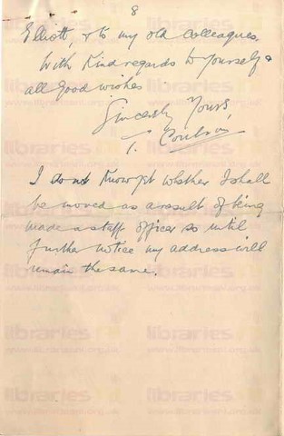 COU 035. Letter from Coulson to Elliott 6 June 1916. France. Eye injury, trenches, prisoners, naval battle, staff at war, soldiers. Page eight of eight. 