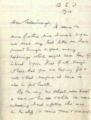 COU 044. Letter from Coulson to Goldsbrough 21 May 1918. France. School moved, meets McCausland, 'Carey's Force', under machine gun fire. Page one of three.  