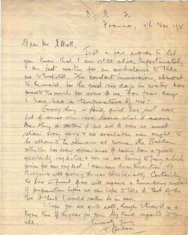 COU 026. Letter from Coulson to Elliott 7 November 1915. France. Sickness, war effort. Page one of one. 