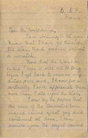ROY 013. Letter from Roy to Goldsbrough 1 December 1918. France. Hoping to get home, Armistice signed, Christmas. Page one of two. 