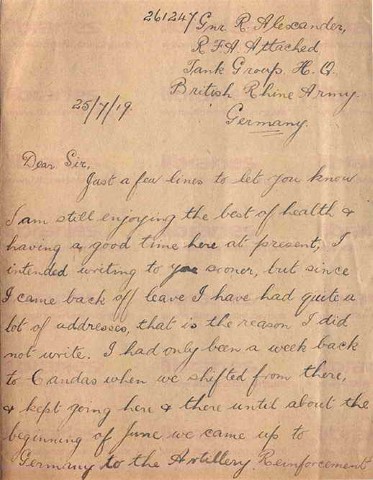 ALE 008. Letter from Alexander to Goldsbrough 25 July 1919. Germany. Moving from France to Germany. Page one of three. 