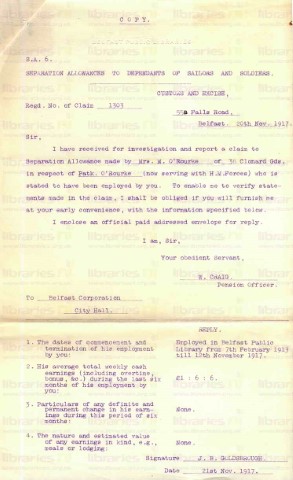 ORO 003. W. Craig, Pension Officer to Belfast Corporation, reply from Goldsbrough 20 November 1917. Separation allowance. Page one of one.